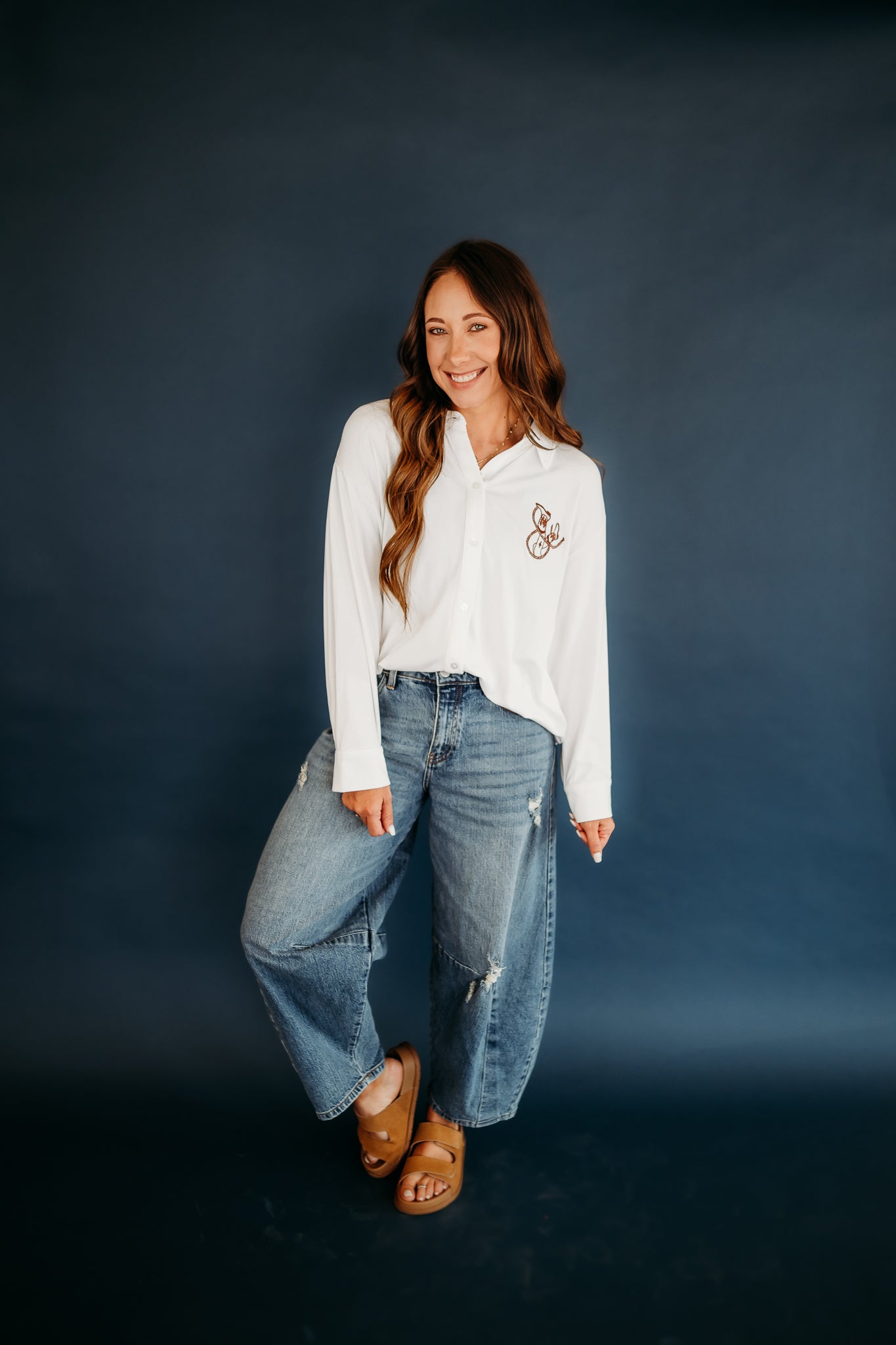 COWGIRL EMBROIDERED JERSEY BUTTON DOWN SHIRT