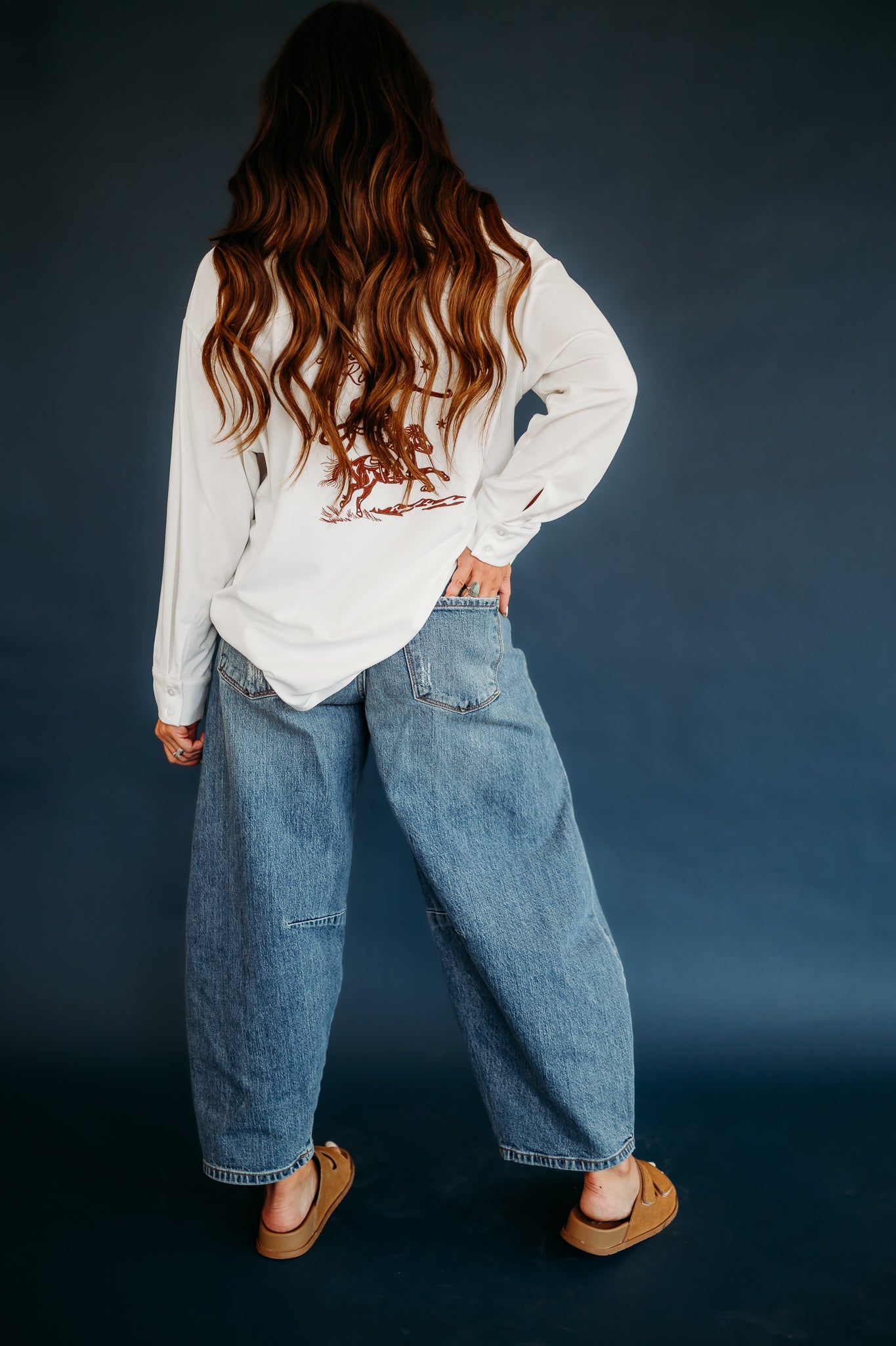 COWGIRL EMBROIDERED JERSEY BUTTON DOWN SHIRT