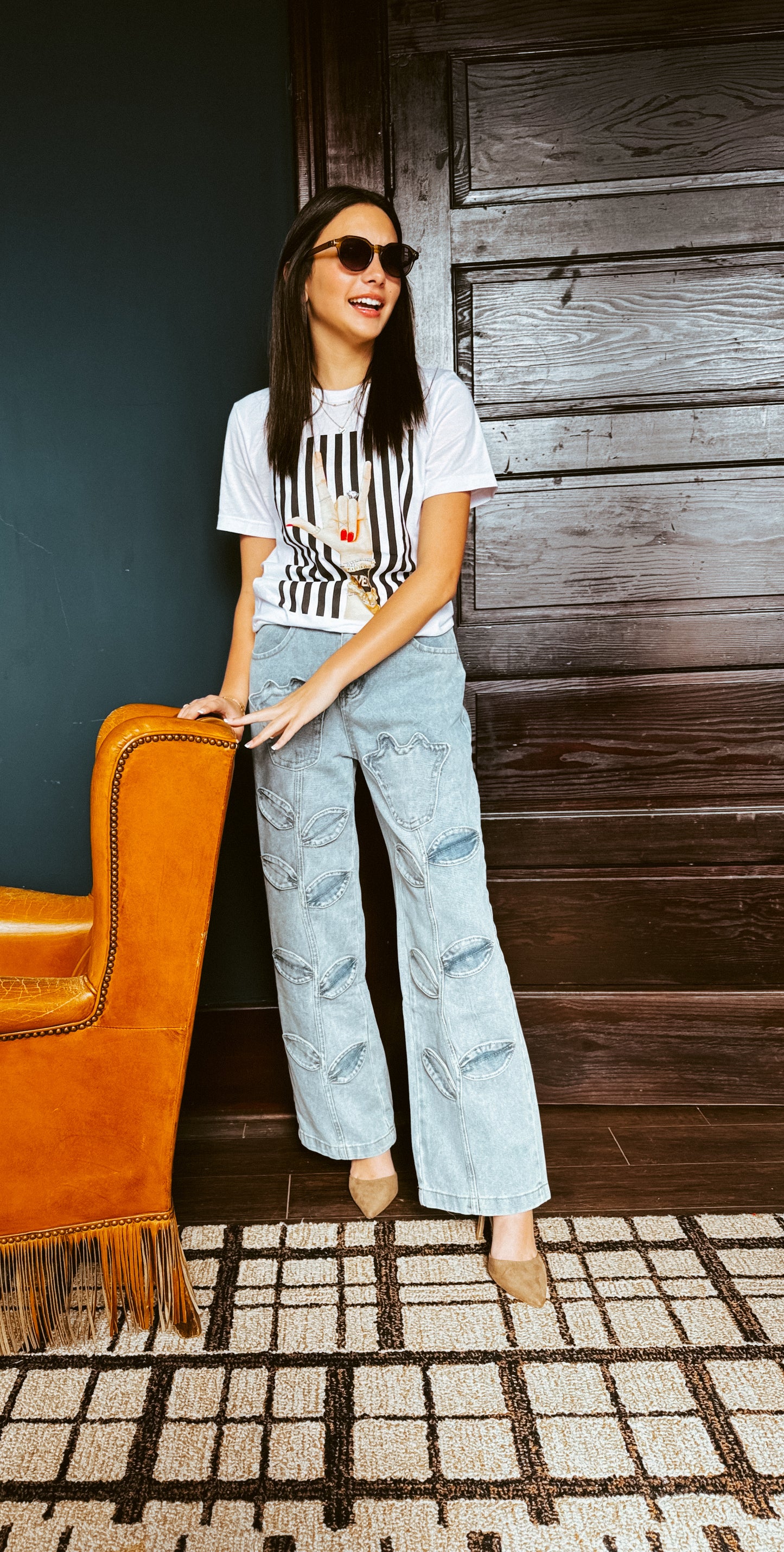 PT022Y Autumn Leaf Patchwork High Waist Denim Jeans