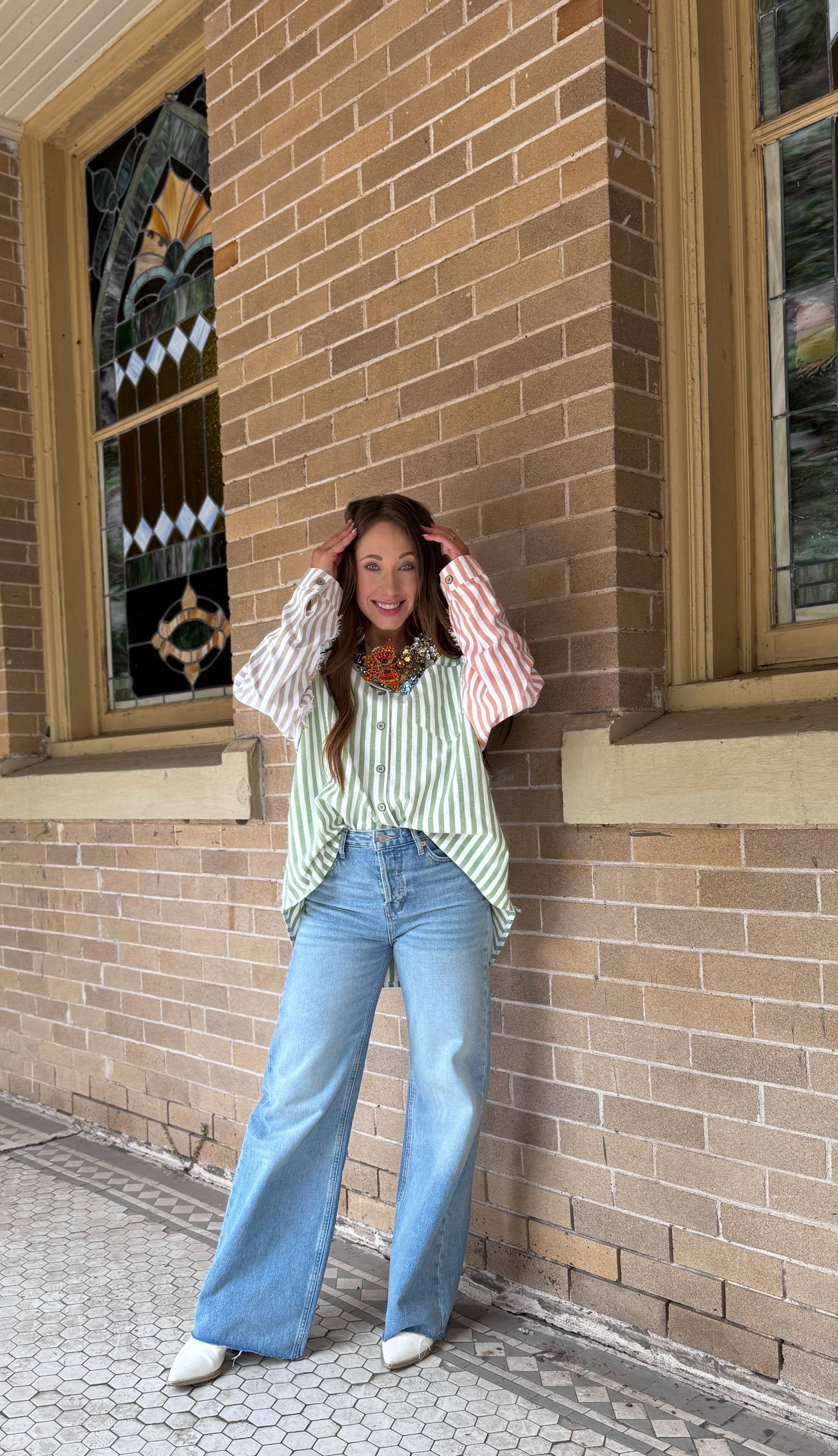 Oversize long sleeve cut color block stripe shirt SALE