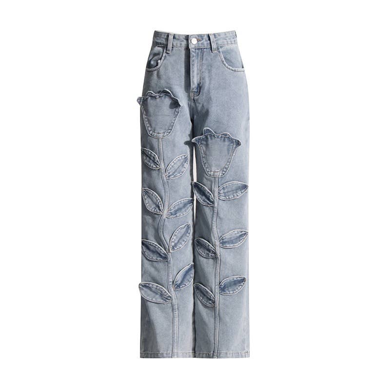 PT022Y Autumn Leaf Patchwork High Waist Denim Jeans