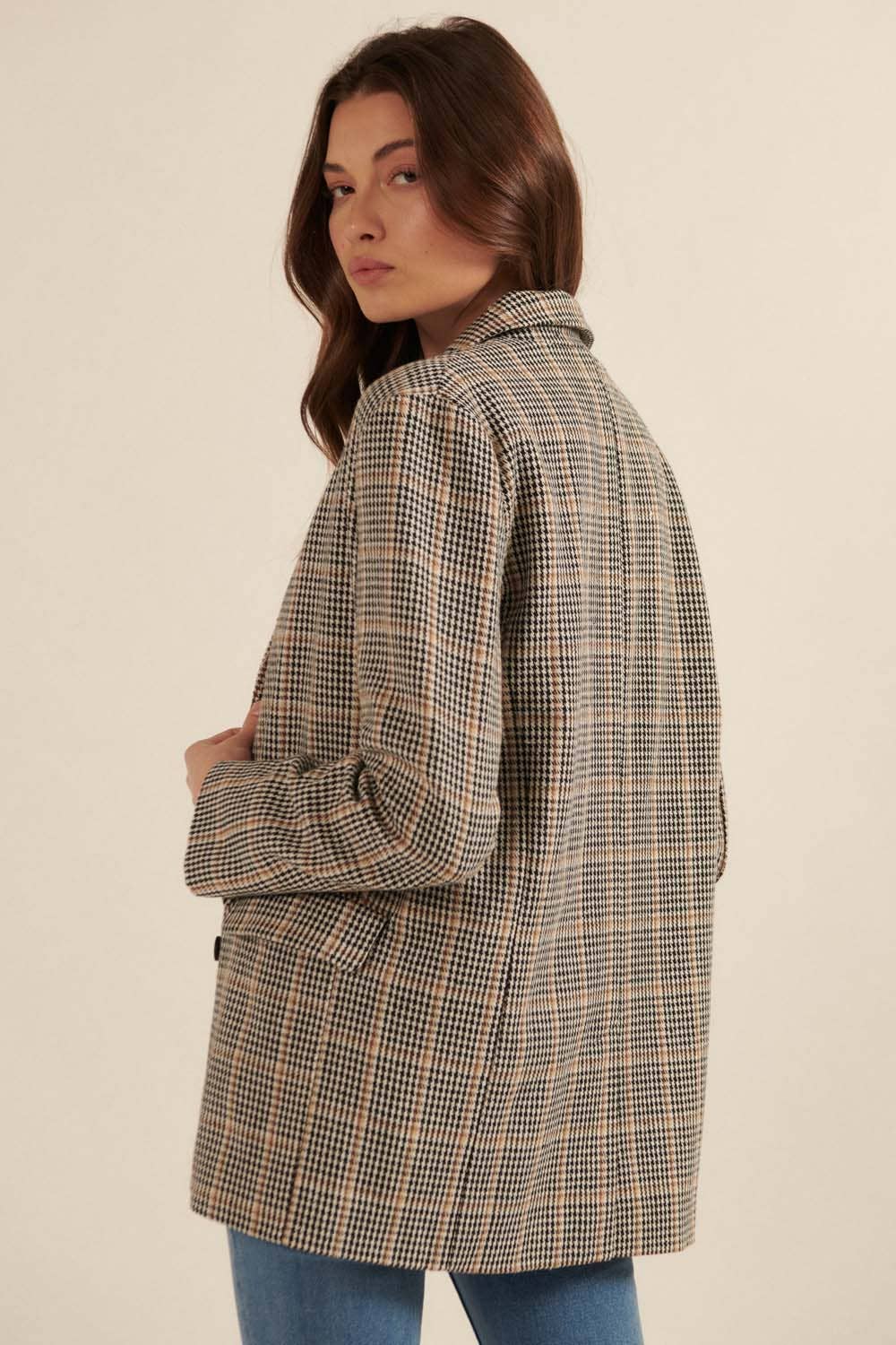 Plaid Notch Lapel Collar Double Breasted Blazer