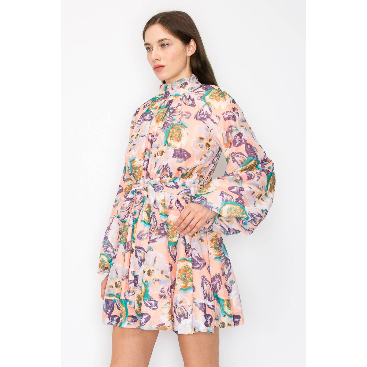 Long puff sleeve floral print self tie belt mini dress