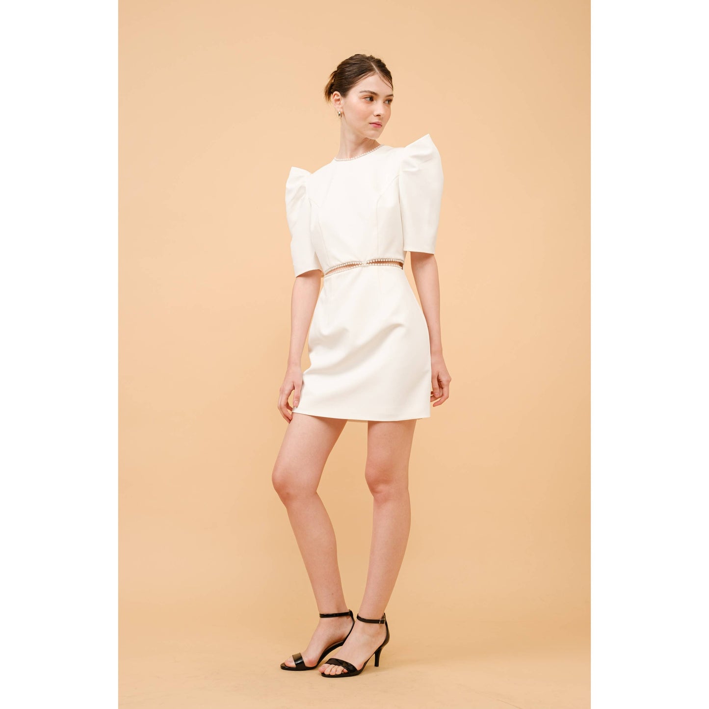 Short Puff Sleeve Pearl Trim Cut out Mini Dress