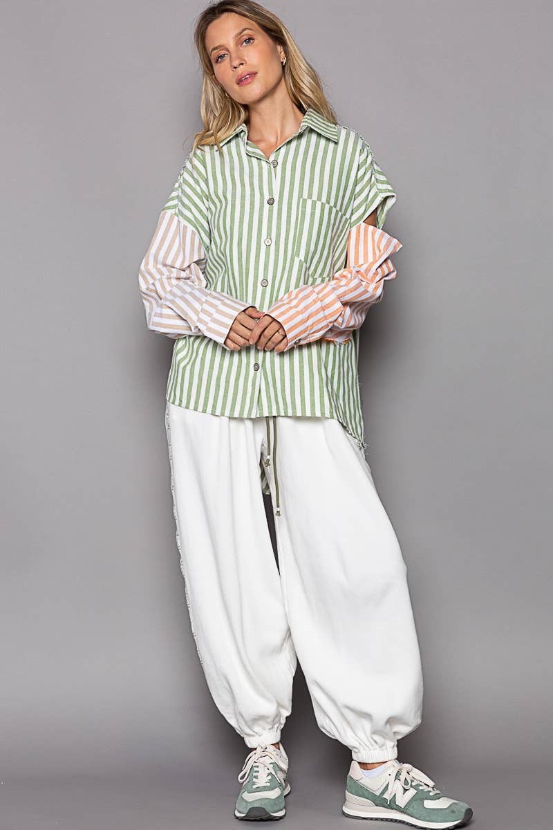 Oversize long sleeve cut color block stripe shirt SALE