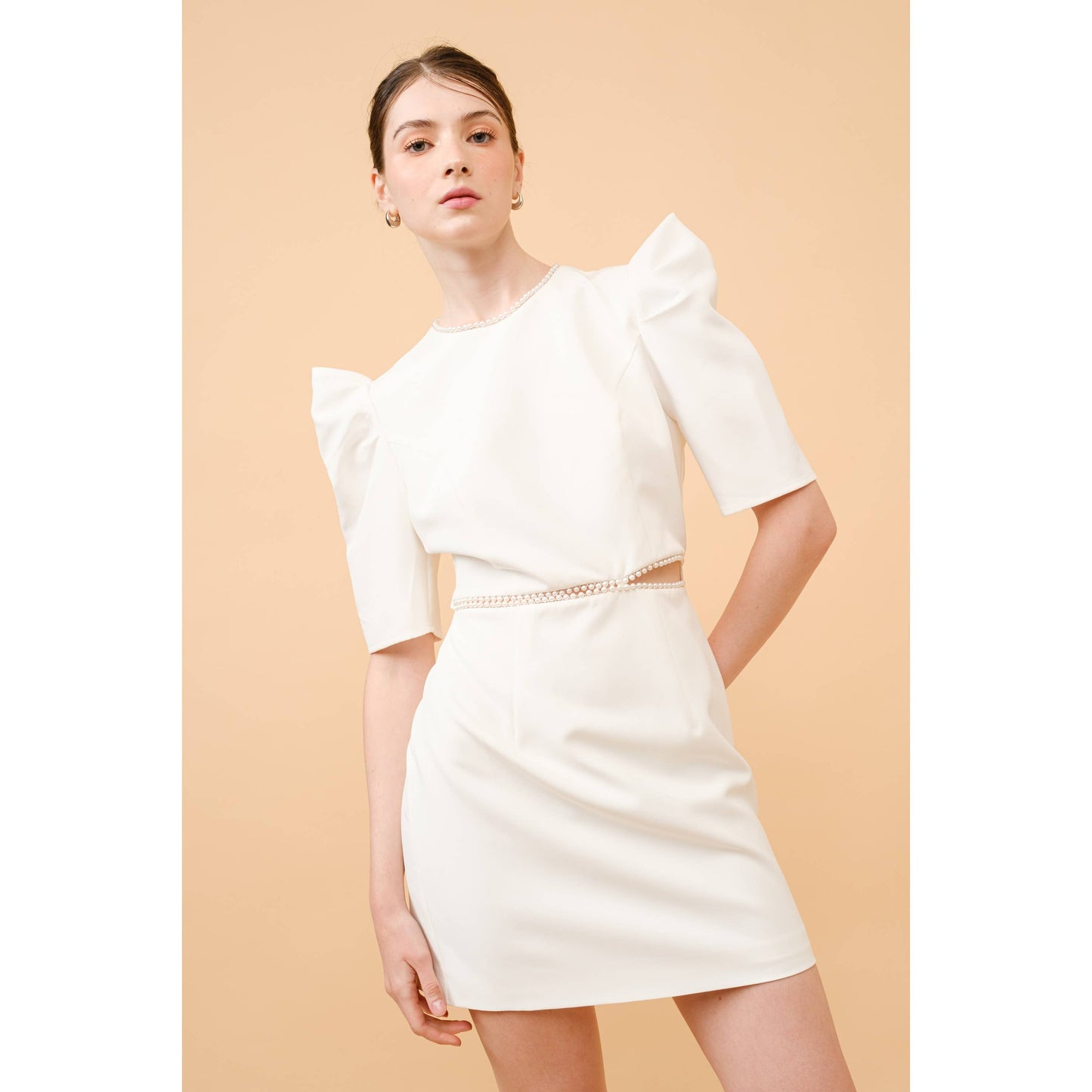 Short Puff Sleeve Pearl Trim Cut out Mini Dress