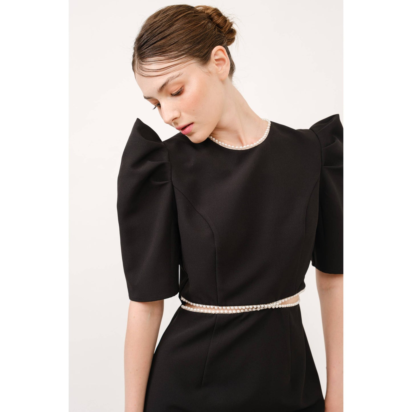 Short Puff Sleeve Pearl Trim Cut out Mini Dress