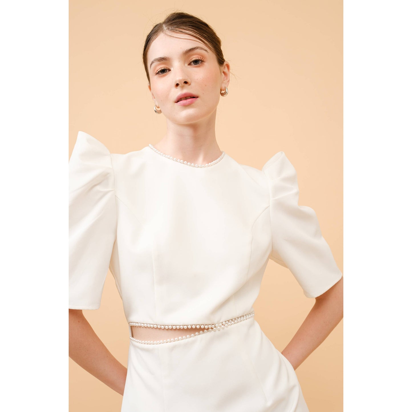 Short Puff Sleeve Pearl Trim Cut out Mini Dress