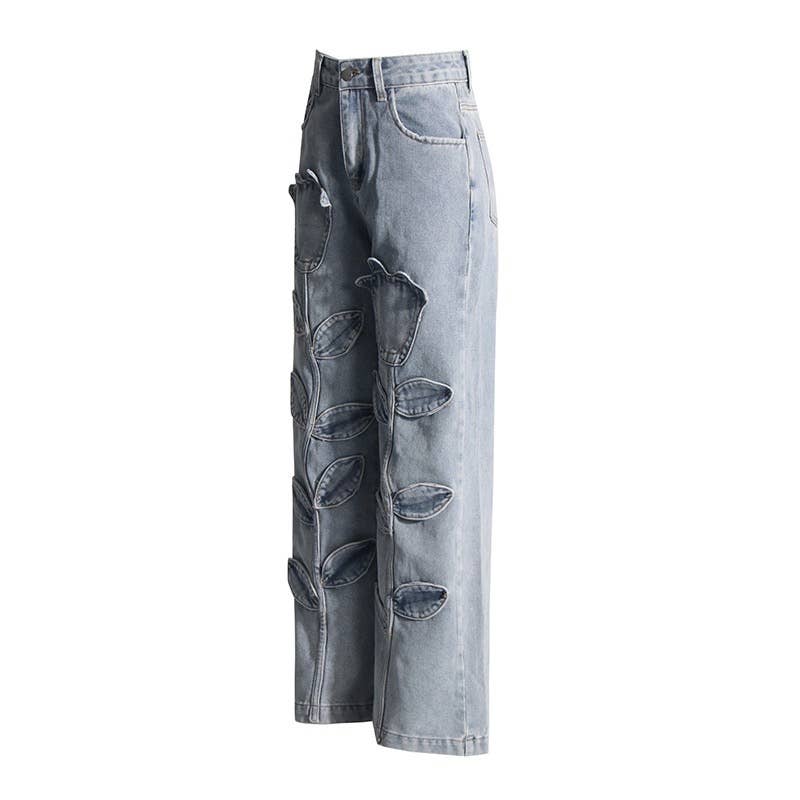 PT022Y Autumn Leaf Patchwork High Waist Denim Jeans