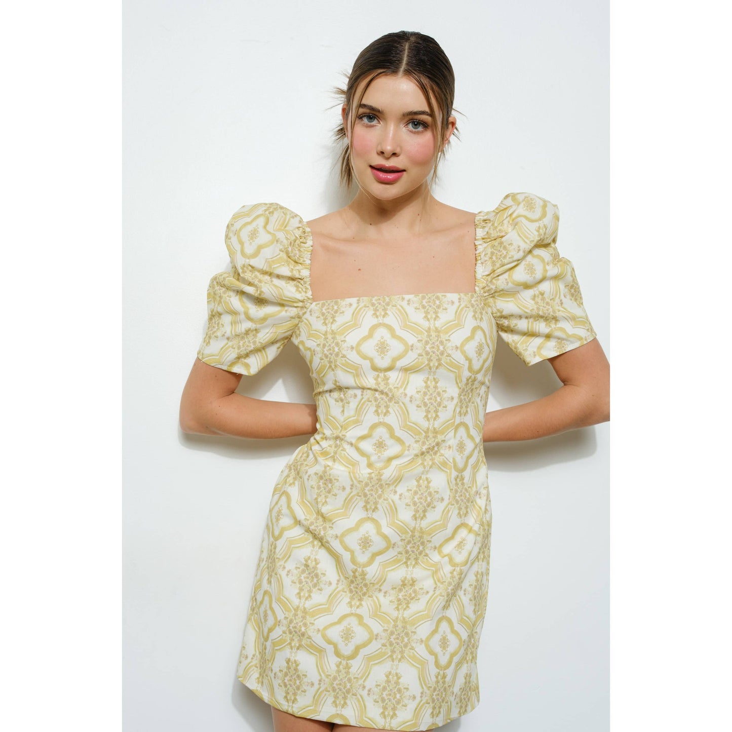 Cotton Puff Sleeve Geometric Floral Mini Dress