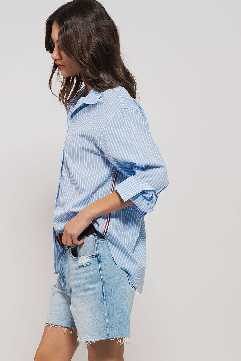 TWILL TAPE BUTTON DOWN OVERSIZED STRIPE SHIRT