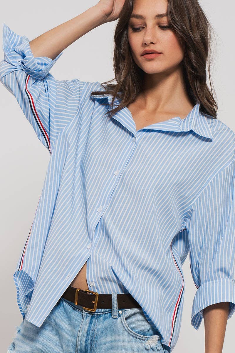 TWILL TAPE BUTTON DOWN OVERSIZED STRIPE SHIRT