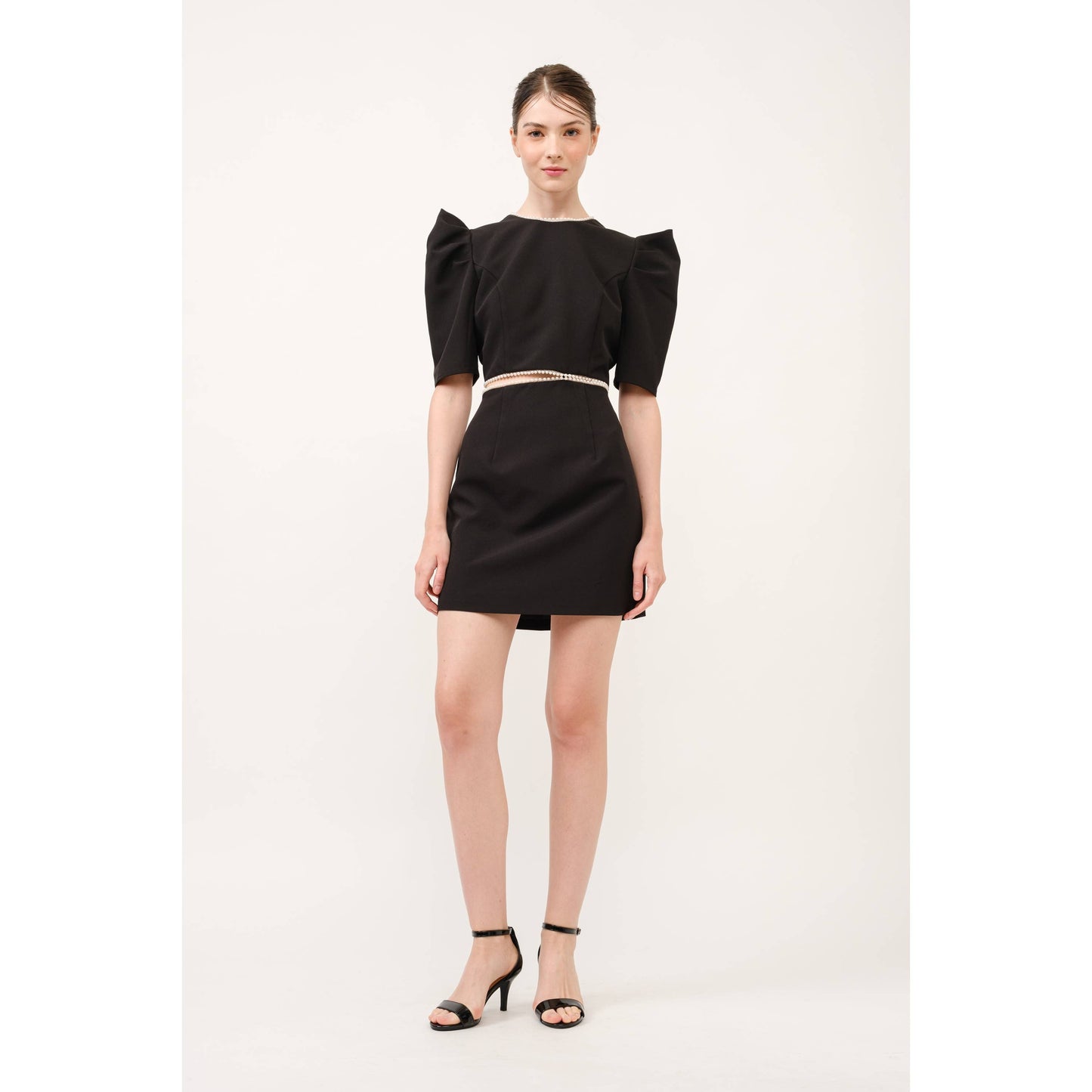 Short Puff Sleeve Pearl Trim Cut out Mini Dress