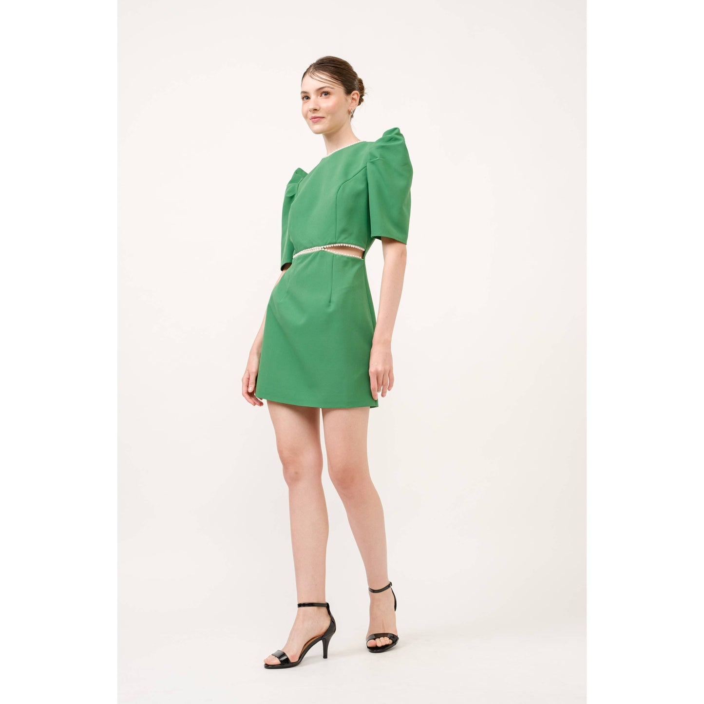 Short Puff Sleeve Pearl Trim Cut out Mini Dress