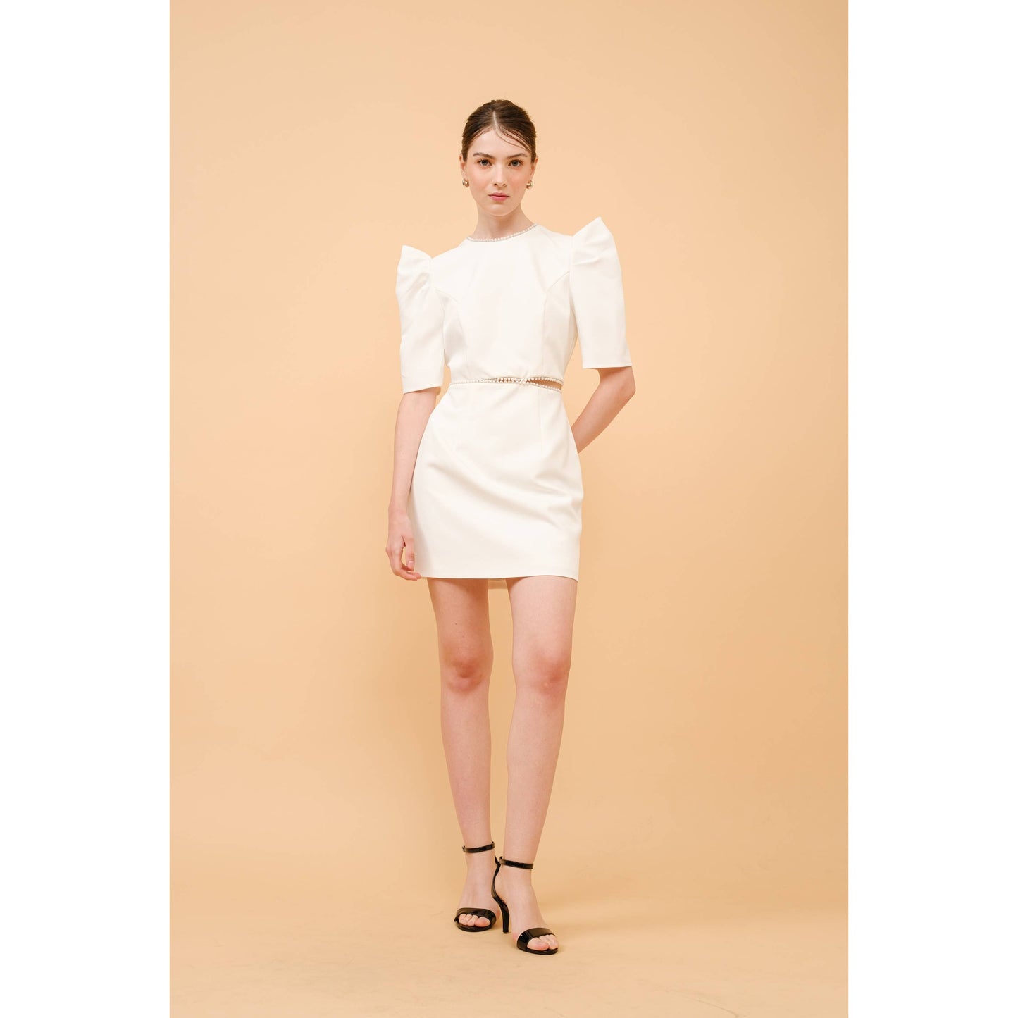 Short Puff Sleeve Pearl Trim Cut out Mini Dress