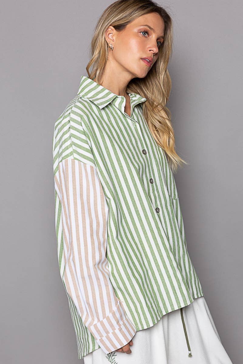 Oversize long sleeve cut color block stripe shirt SALE