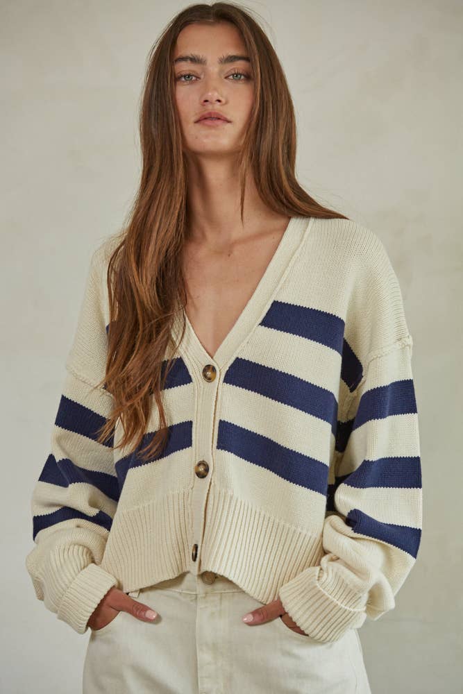 W1537 | Knit Sweater Striped Button Down Cardigan