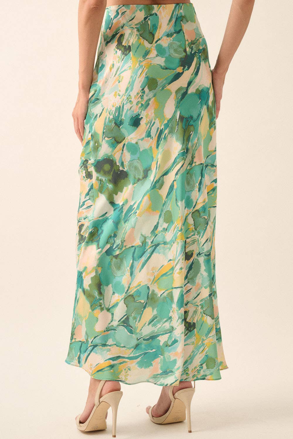 Abstract-Print Satin Bias-Cut Maxi Skirt