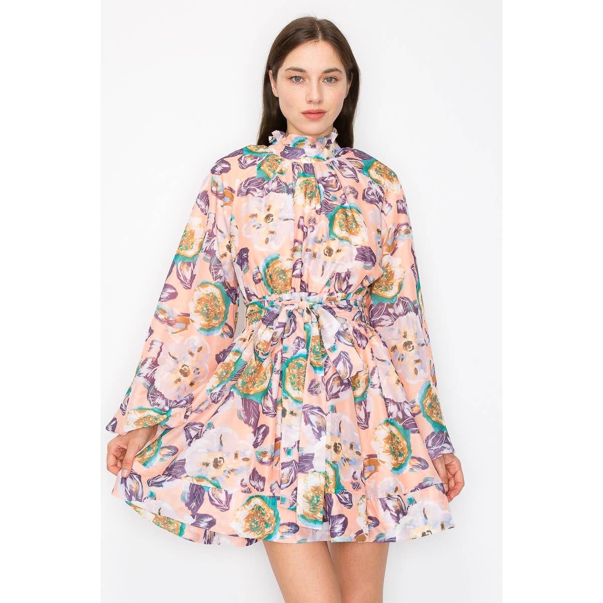 Long puff sleeve floral print self tie belt mini dress