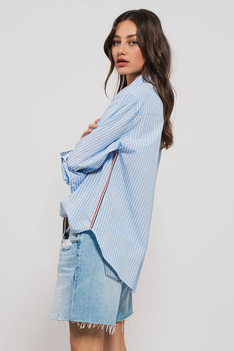 TWILL TAPE BUTTON DOWN OVERSIZED STRIPE SHIRT