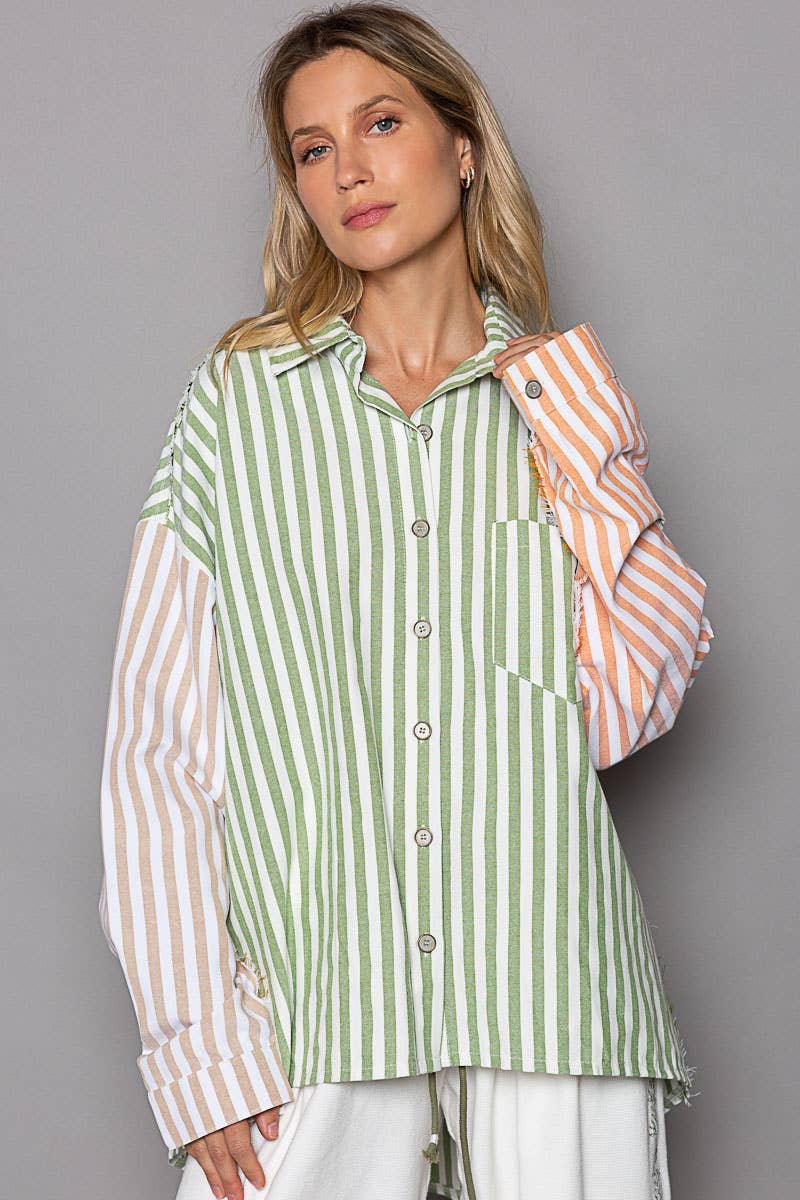 Oversize long sleeve cut color block stripe shirt SALE