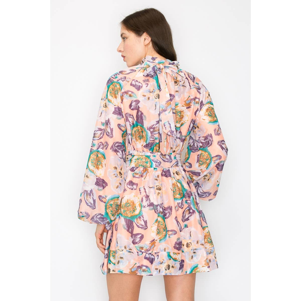 Long puff sleeve floral print self tie belt mini dress