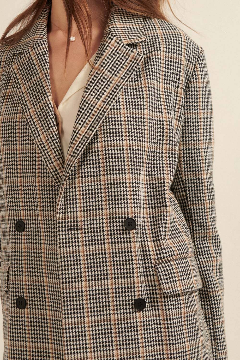 Plaid Notch Lapel Collar Double Breasted Blazer