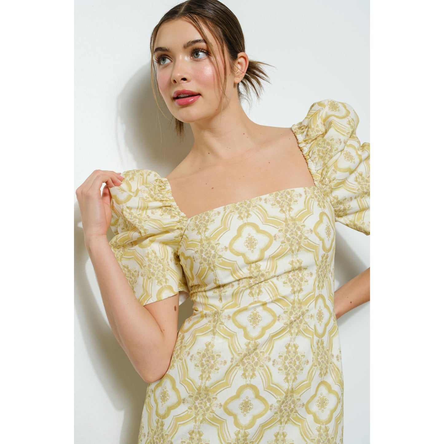 Cotton Puff Sleeve Geometric Floral Mini Dress