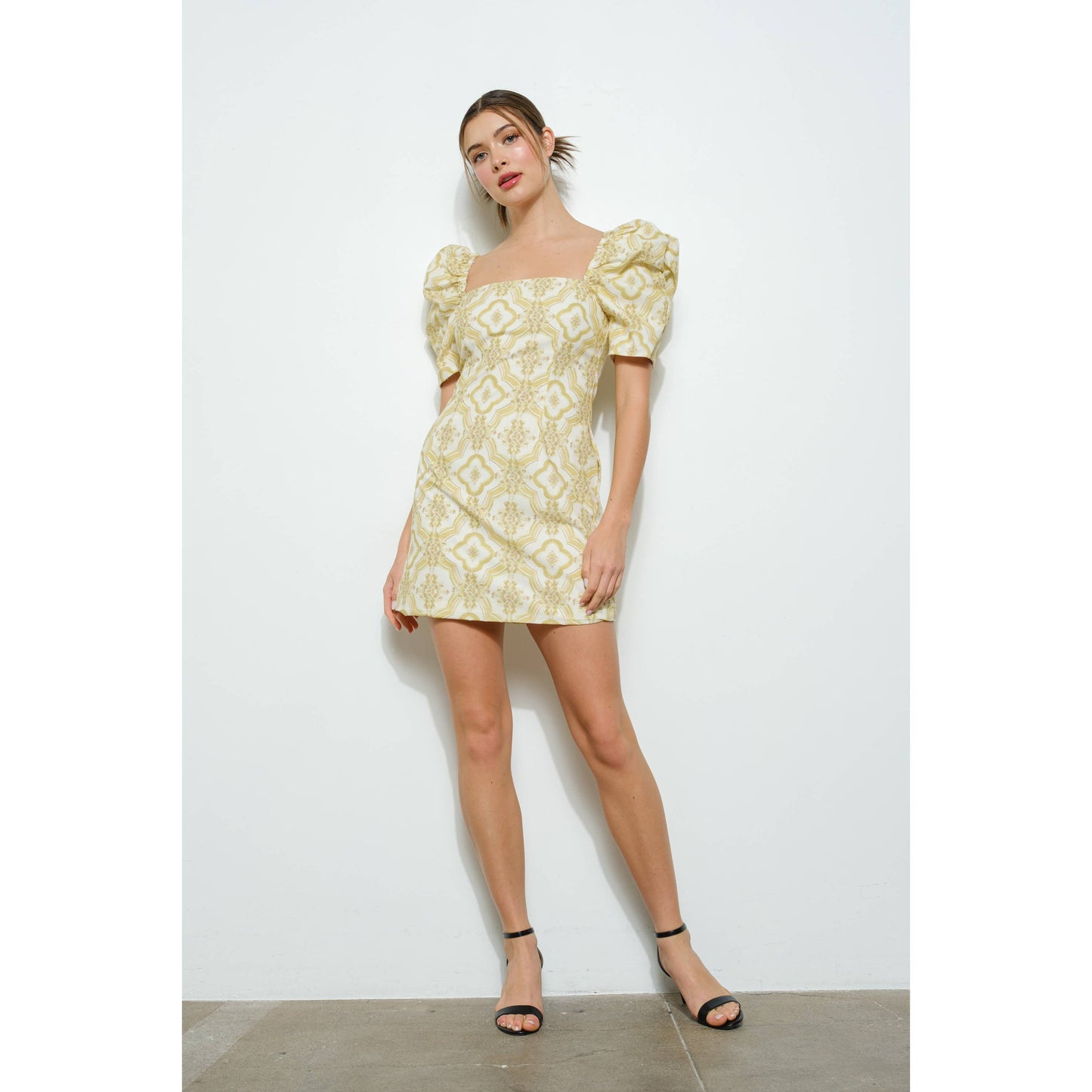 Cotton Puff Sleeve Geometric Floral Mini Dress