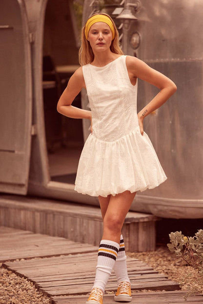 Eyelet Lace Boatneck Drop-Waist Bubble Mini Dress