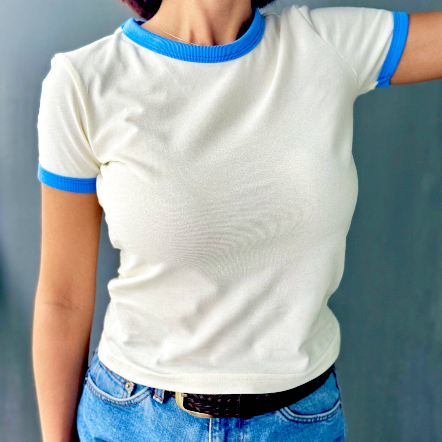 Ringer Tee Blank Off White Blue Women's Fitted Top