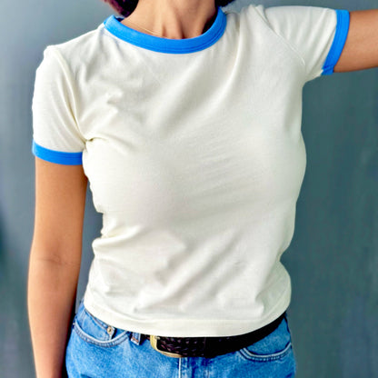 Ringer Tee Blank Off White Blue Women's Fitted Top