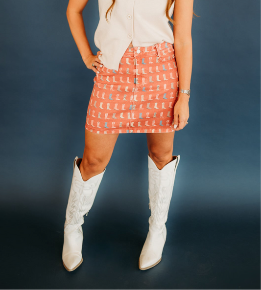 STRETCHY WESTERN BOOT PRINTS WASHED MINI SKIRT