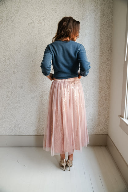 DANCE THE NIGHT AWAY SEQUIN MESH TULLE MIDI SKIRT