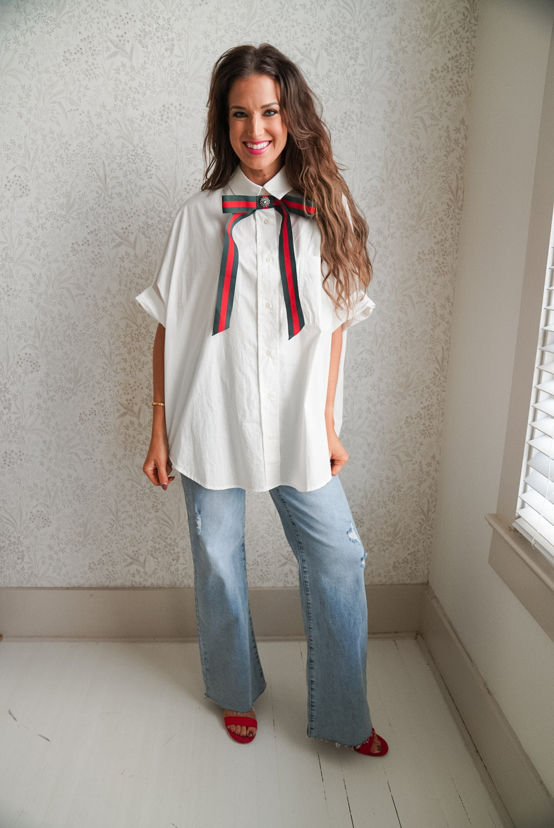 White Oversized Cuff Hem Button Down Shirt