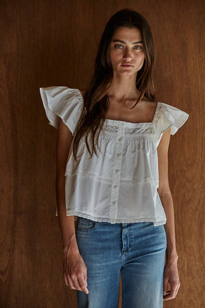 Woven Cotton Buttondown Square Neck Short Sleeve Top