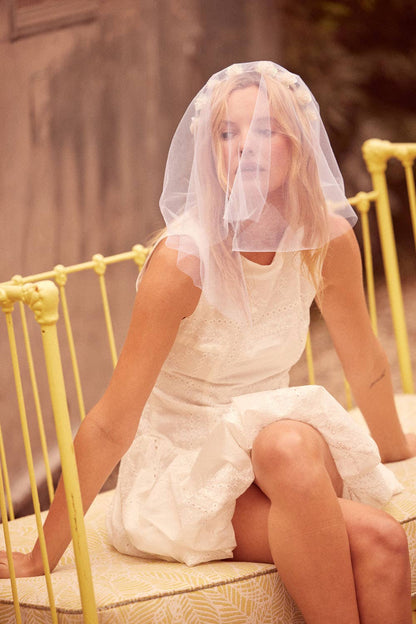 Eyelet Lace Boatneck Drop-Waist Bubble Mini Dress