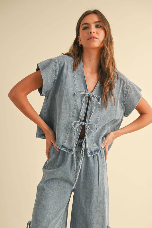 T4768ST   DENIM TIED FRONT BLOUSE