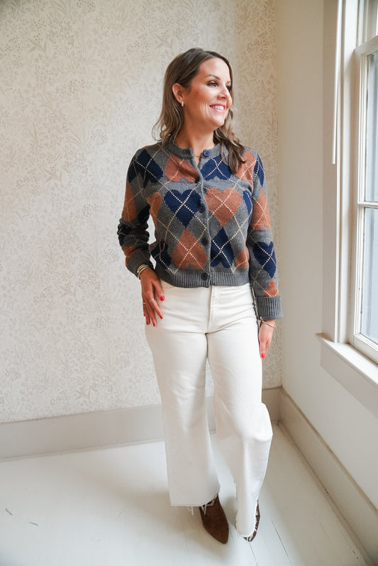 Cozy Heart Argyle Button Down Cardigan