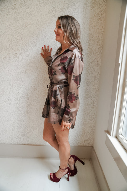 Floral-Print Satin Belted Button-Up Shirt Romper