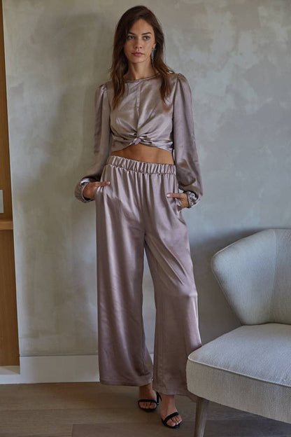 Whimsical Satin Waist Wide Leg Pants