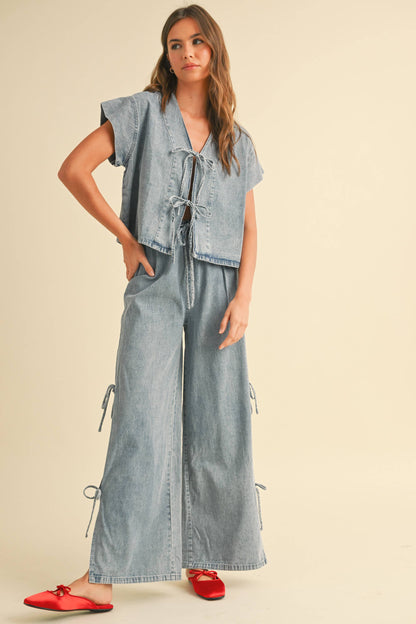 T4768ST   DENIM TIED FRONT BLOUSE