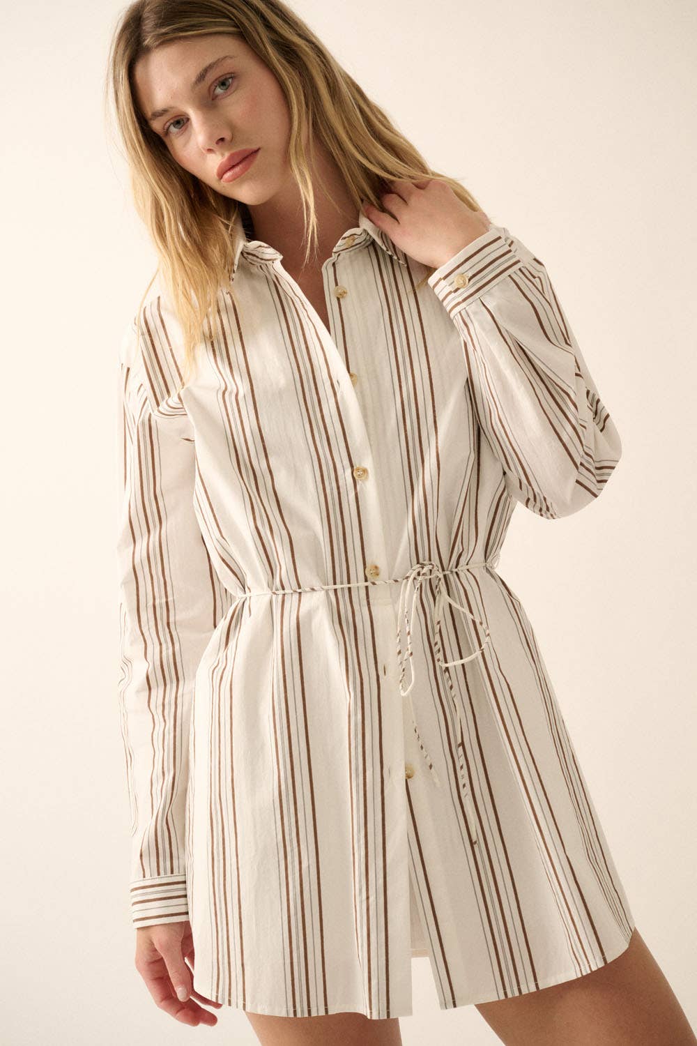 Striped Belted Button-Front Shirt Romper