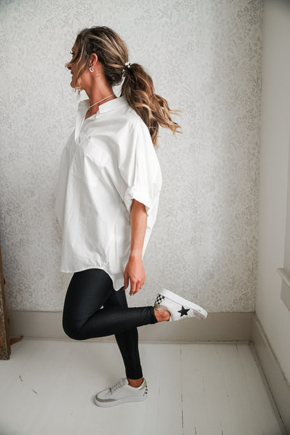 White Oversized Cuff Hem Button Down Shirt