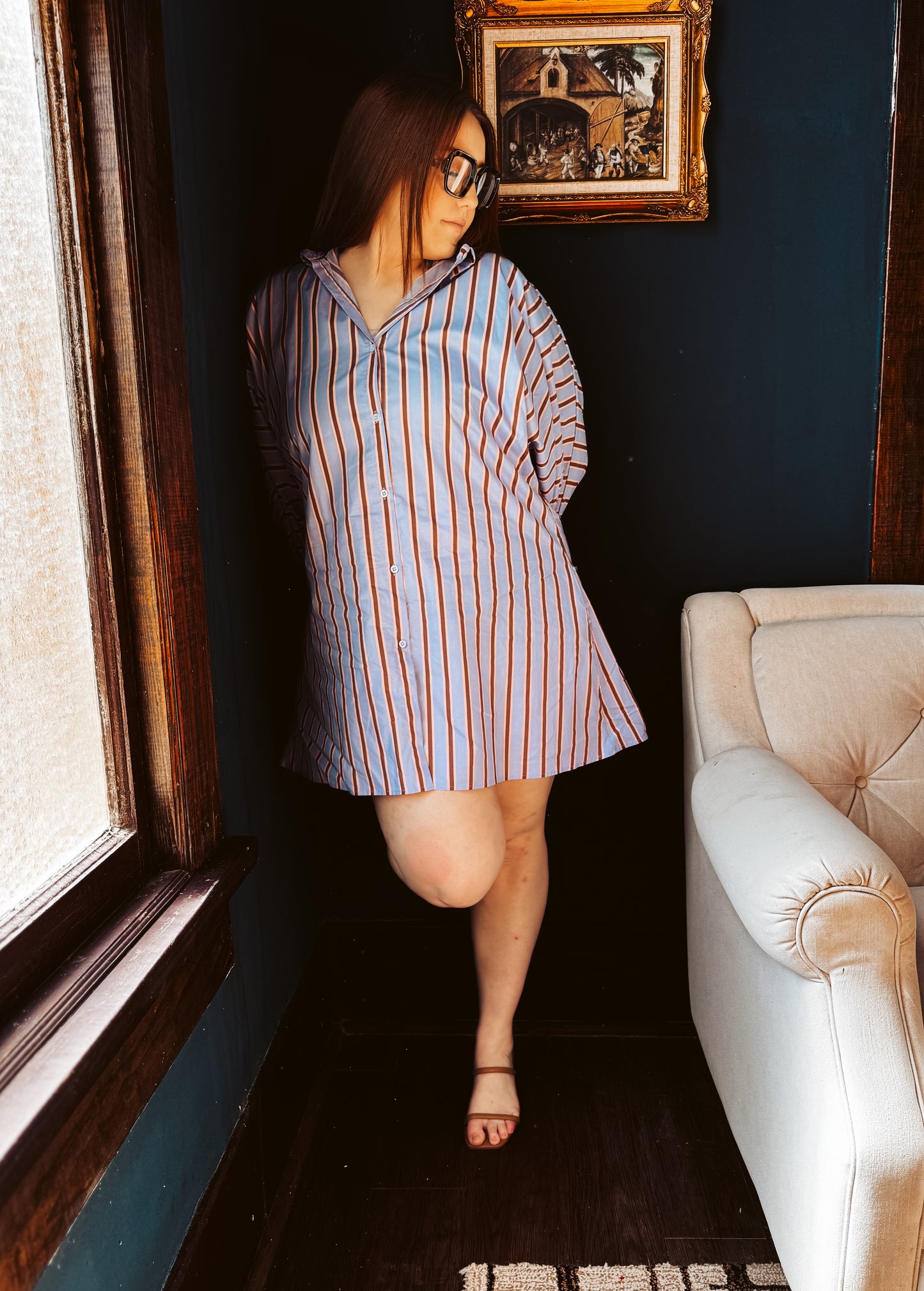 Contrast Striped Pattern Midi Shirt Dress PC3881