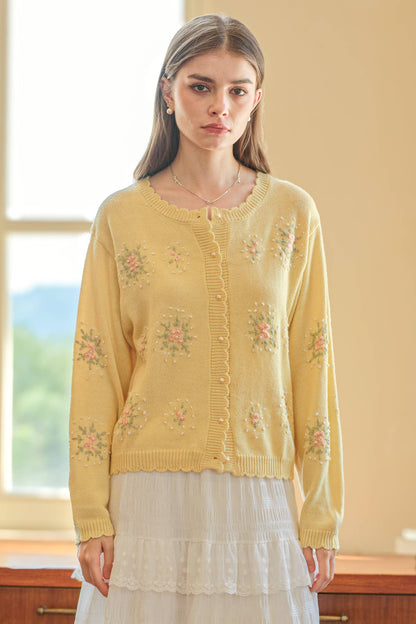 Scalloped Hem Cardigan with Floral Embroidery