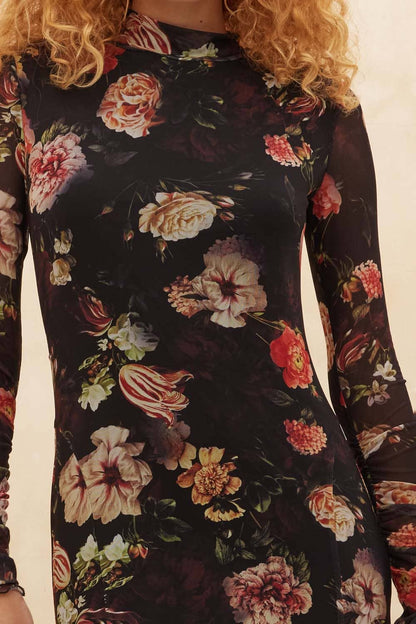 Floral-Print Mesh Mock-Neck Long-Sleeve Maxi Dress