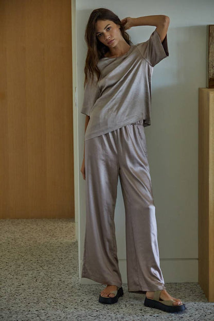 Whimsical Satin Waist Wide Leg Pants