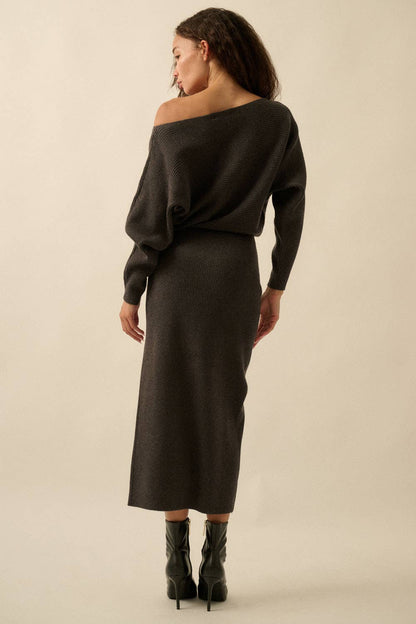 Rib-Knit One-Shoulder Dolman Midi Sweater Dress