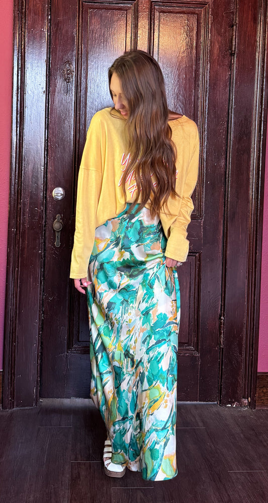 Abstract-Print Satin Bias-Cut Maxi Skirt